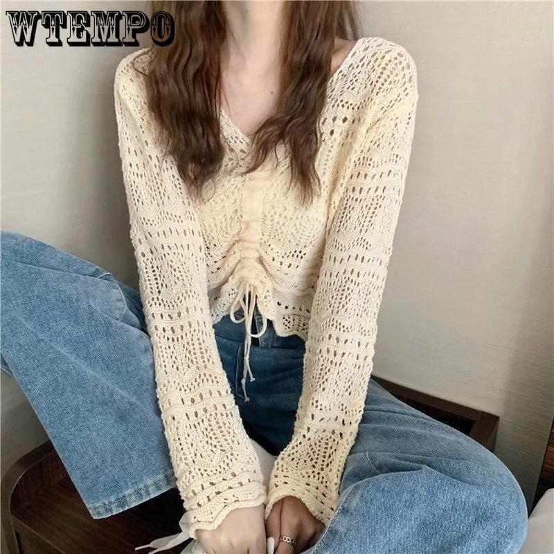 Женские вязаные топы в корейском стиле, весна-лето, свободные плиссированные короткие топы ярких цветов с v-образным вырезом и завязками