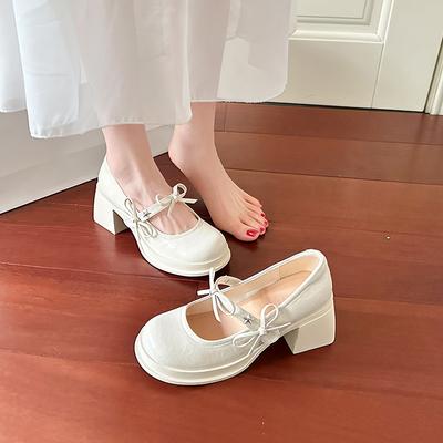 Французские белые водонепроницаемые туфли Lizhen для стола, весенне-осенние маленькие кожаные туфли, фея, бант, толстый высокий каблук, одинарные туфли, женские