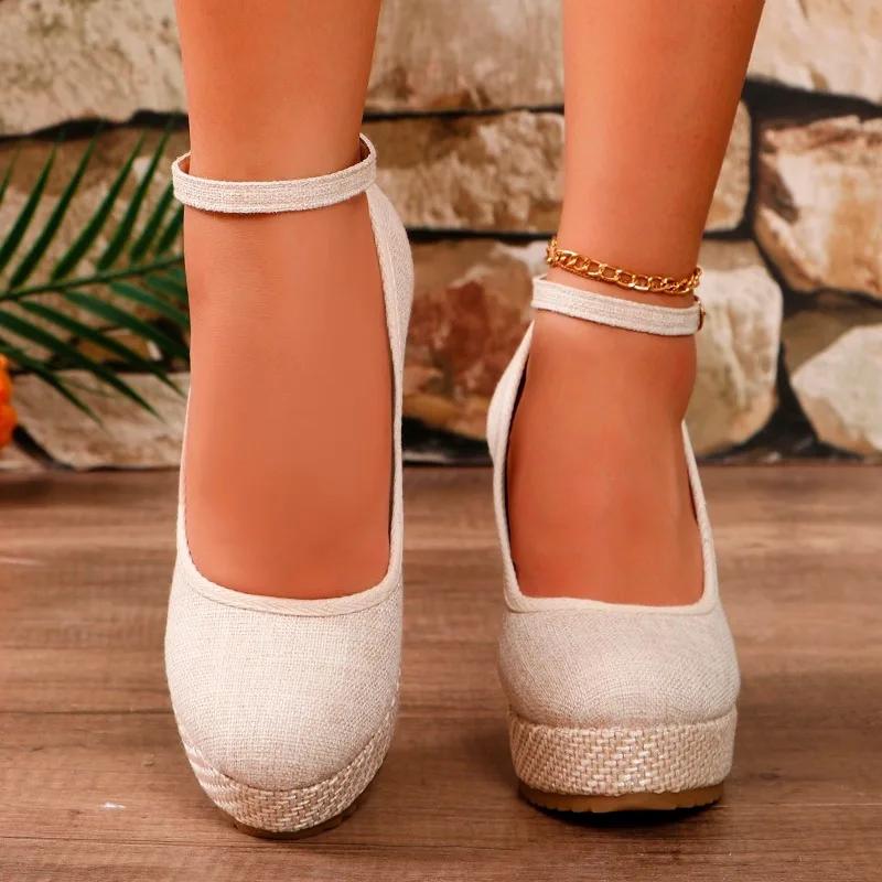 2024 Большие размеры Женская обувь с пряжкой на ремешке Женские туфли на высоком каблуке Платформа Повседневное платье Туфли-лодочки Женские туфли на высоком танкетке с круглым носком Женские туфли