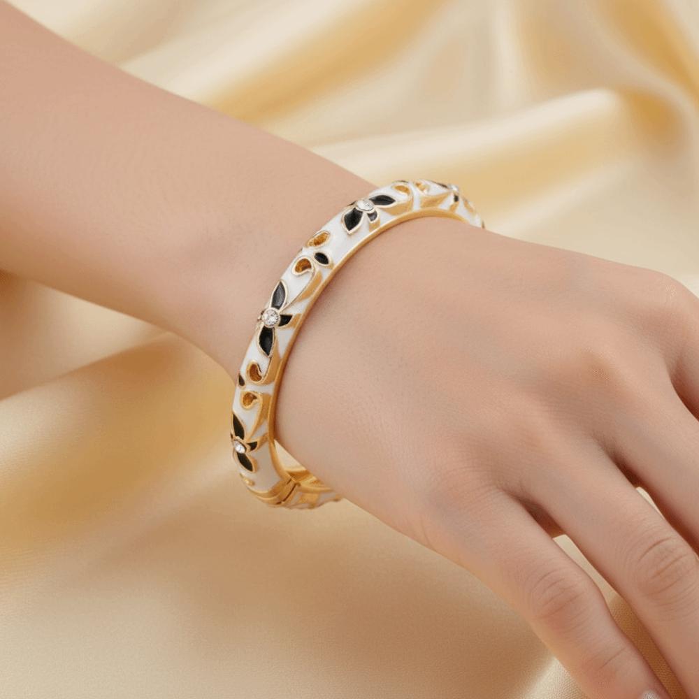 Lightweight Metal Cloisonne Floral Bangle Rhinestone Thin Bracelet  Holiday Presents