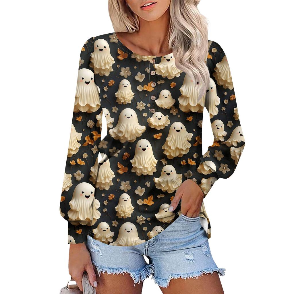 Женские футболки с длинным рукавом и круглым вырезом, принты на Хэллоуин, рубашки с рукавами-фонариками, блузки на пуговицах, топы