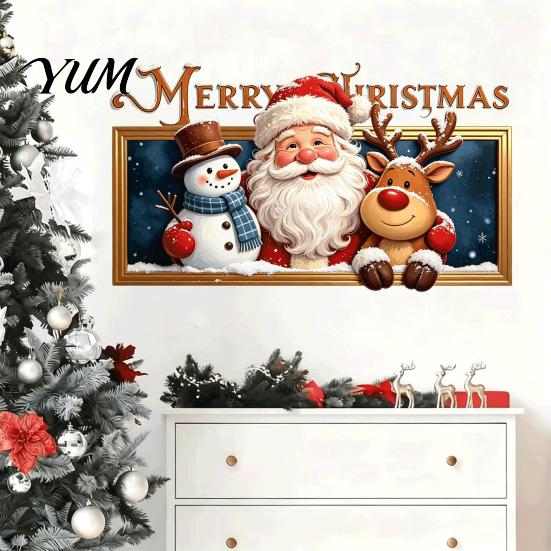 Reusable Holiday Wall Decor Christmas Stickers, Santa Claus Reindeer And Snowman Decals with Photo Frame Xmas Murals for Bedroom Design, Removable PVC