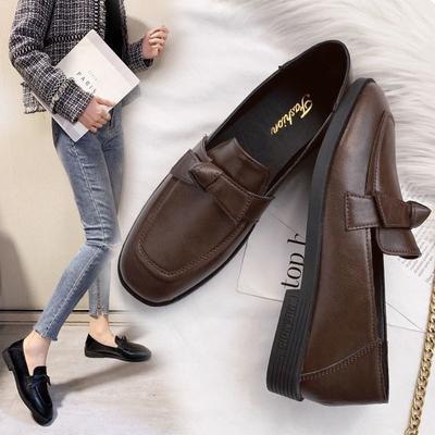 Одиночные туфли женские на плоской подошве с бантом в ретро-британском стиле, маленькие кожаные туфли, универсальные мягкие кожаные мокасины с одной педалью