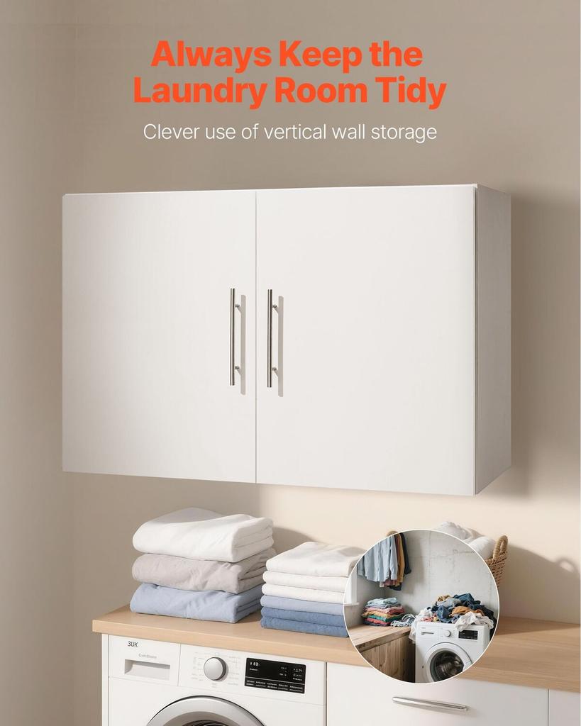 Laundry Room Wall Cabinet, 2-Tier Wall Mounted Hanging Cabinet with Adjustable Shelf, Cupboard Storage with 2 Doors, for Kitchen, Bathroom, Laundry,