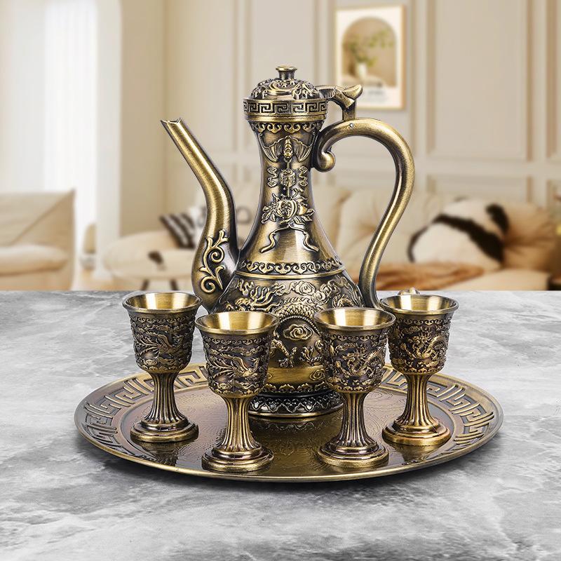 6 Pcs Set Dragon and Phoenix Wine Set Tea Pot Home Party Decorative With 4 Cup Set Coffee Tea Serving Pot With Round Shaped Tray