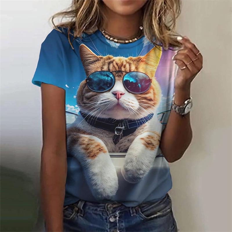Новая женская футболка с рисунком кота, животное, 3D-принт, летняя повседневная футболка с круглым вырезом и коротким рукавом, топы Y2k, одежда в стиле Харадзюку для женщин