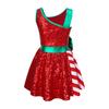Kids Girls Christmas Elf Costume Shiny Sequined Ballet Dance Ice Skating Performance Leotard Dress