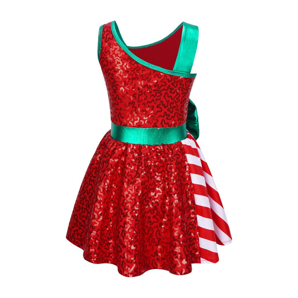 Kids Girls Christmas Elf Costume Shiny Sequined Ballet Dance Ice Skating Performance Leotard Dress