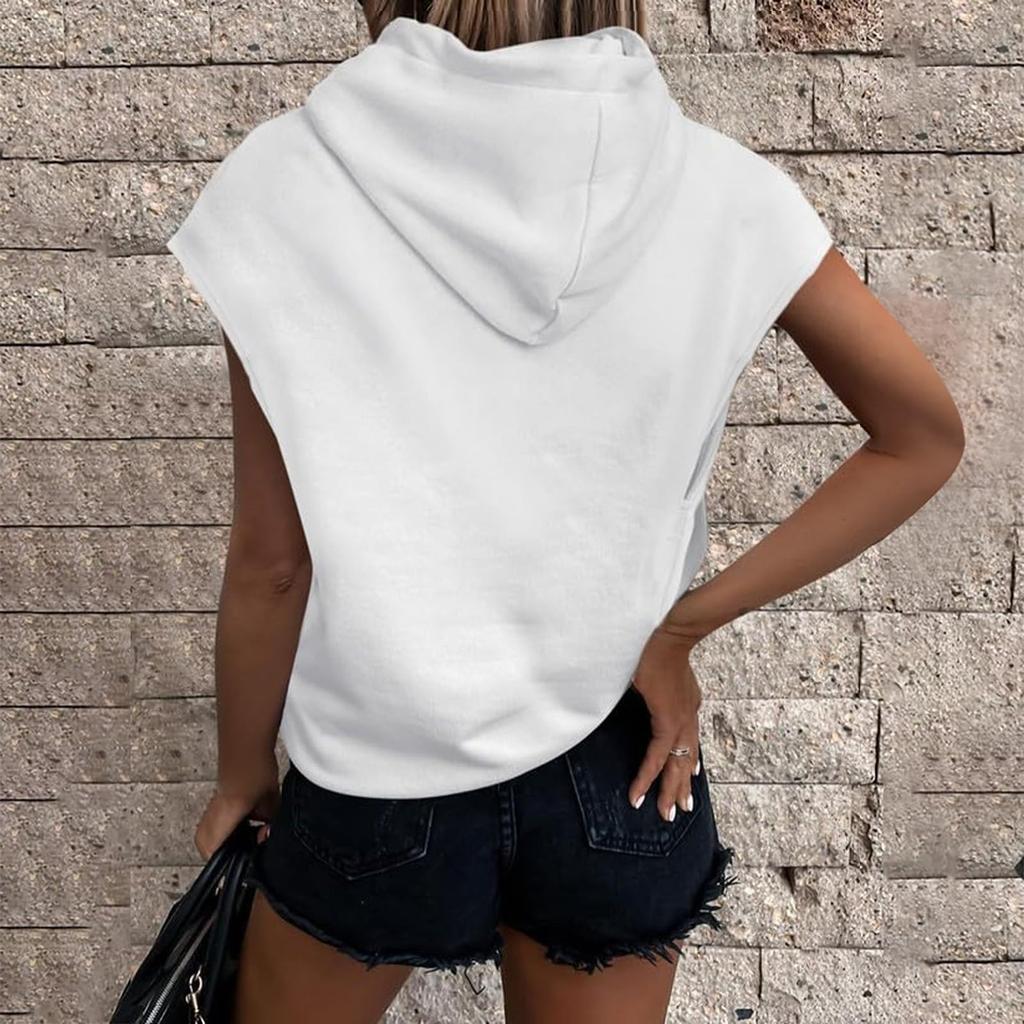 Женские летние футболки без рукавов с капюшоном, толстовки с капюшоном, свободные повседневные туники, толстовки