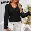 Весна-лето Однотонная Свободная футболка с длинным рукавом и V-образным вырезом для женщин