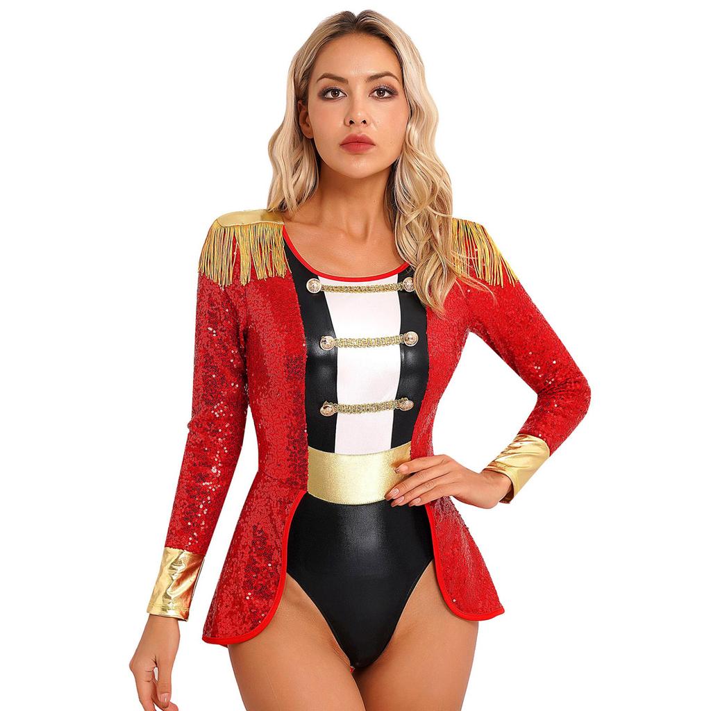 Womens Circus Ringmaster Cosplay Bodysuit Long Sleeve Allover Sequin Tail Jumpsuit Halloween Festival Costumes