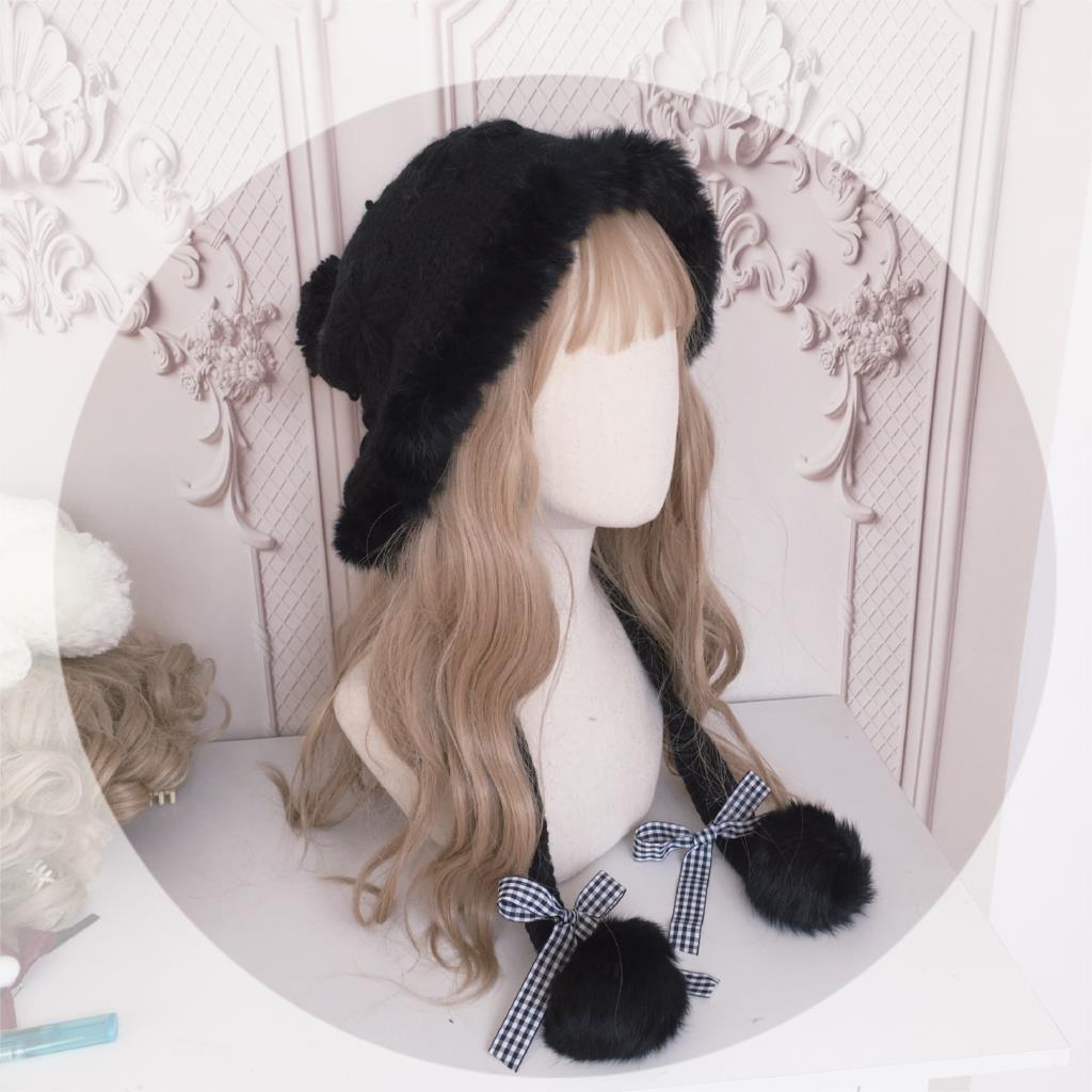 Hat Soft Lolita Element Autumn and Winter Warm Rabbit Fur Ear Protection Hat Knitted Wool Hat Cute Fur Ball