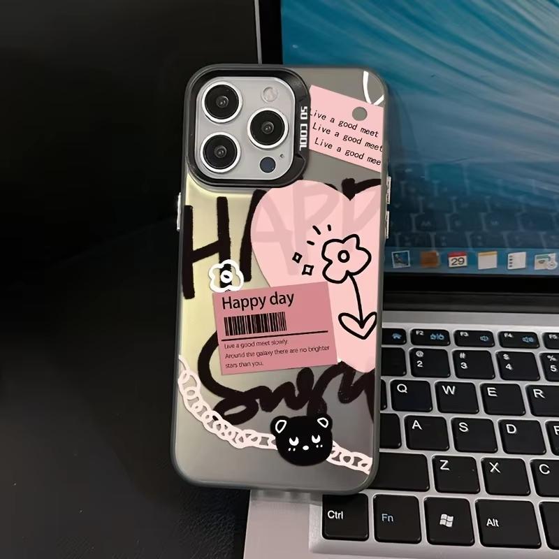Черный Узор с Надписями и Рисунками Сердечек Чехол для Телефона Для iPhone 17 Pro Max 16 15 Pro 14 13 Mini 12 11 XR XS 17Air 16 Plus Задняя Крышка