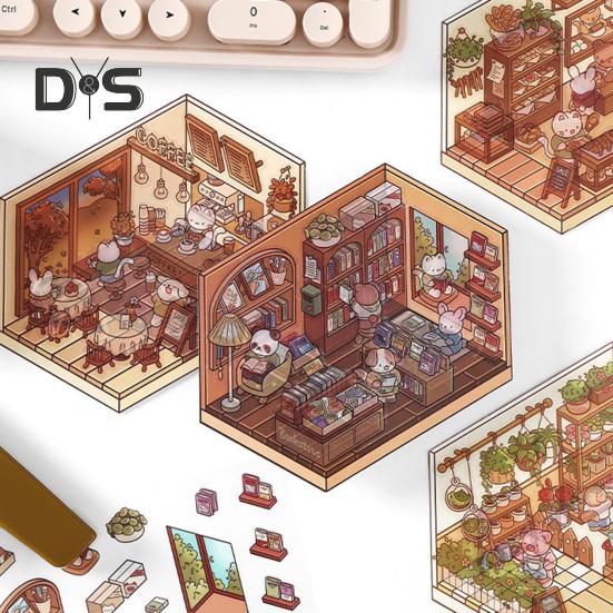 4 Set 3D DIY House Scene Stickers Stress Relief Decals Supermarket Coffee Shop Bookstore Sun Room Library Tear-resistant Surface Stickers