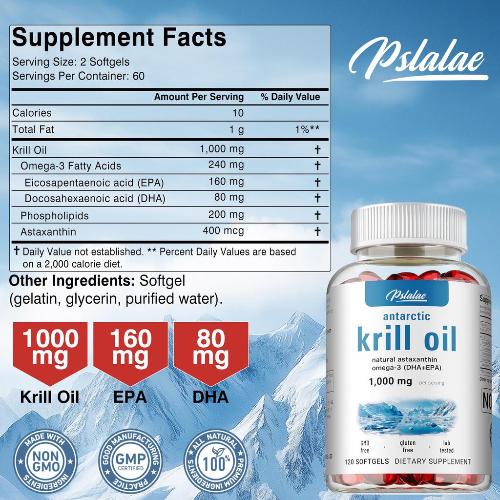 Antarctic krill oil soft capsules, 1000mg, containing Omega-3, EPA, DHA, phospholipids, and astaxanthin; suitable for both men and women.