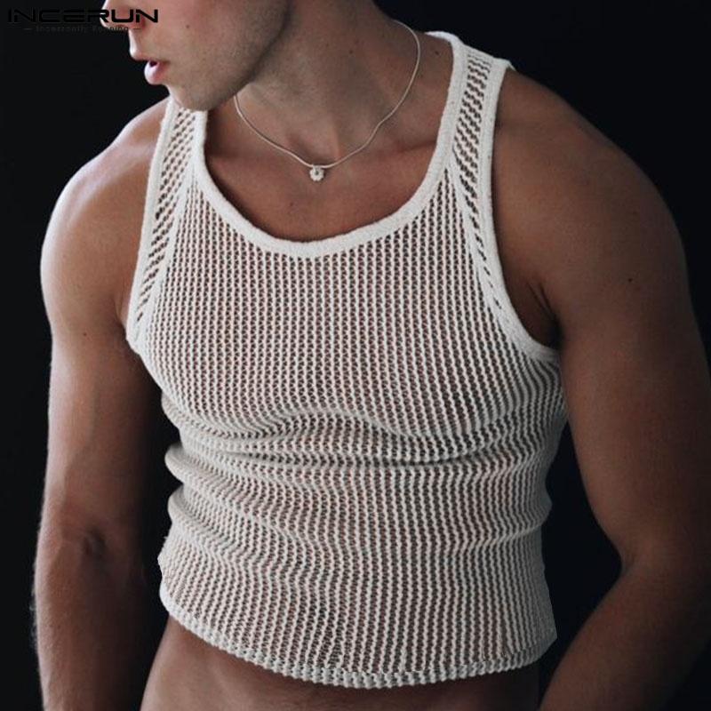INCERUN Мужские топы с круглым вырезом без рукавов из сетчатой пряжи с ажурной отделкой, футболки