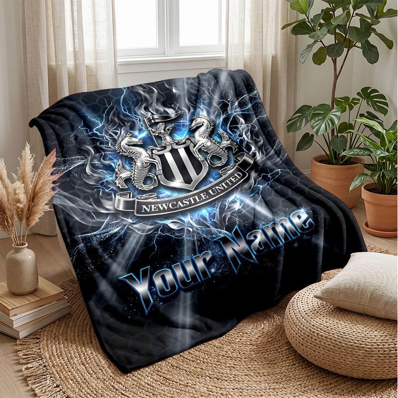 Newcastle United FC Custom Name Text Flannel Blanket Soccer Logo Personalized Fleece Throw Blanket Special Gift For Sofa Bedroom Home