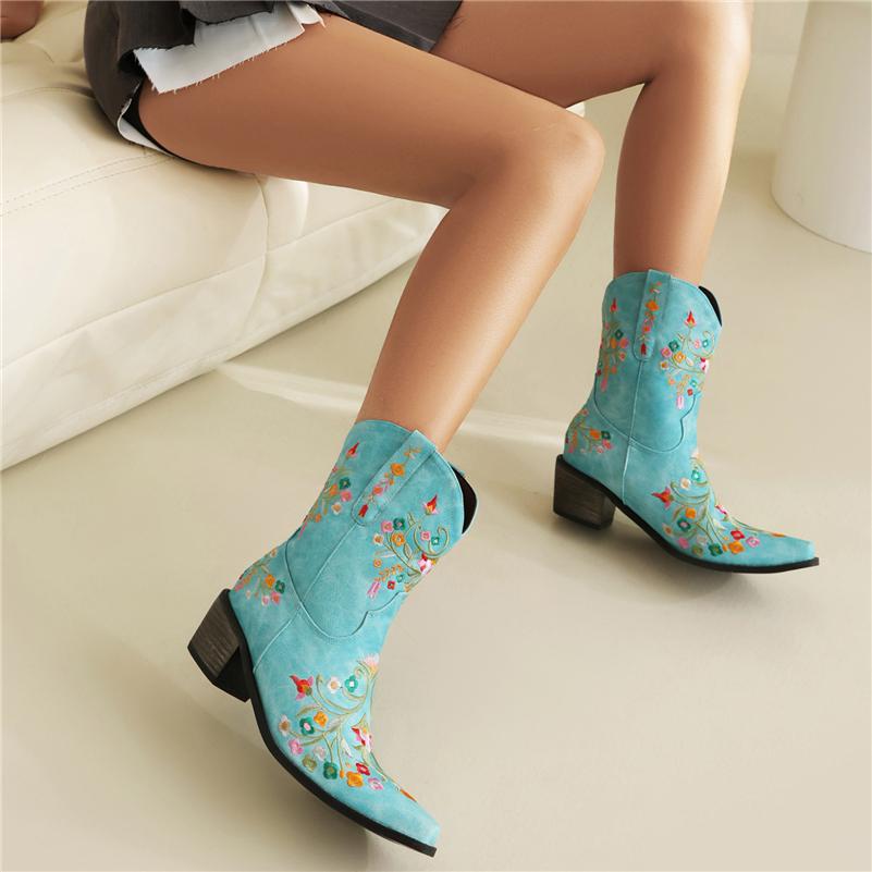 Женские ковбойские полусапоги до щиколотки с квадратным носком на толстом среднем каблуке и вышивкой в ​​стиле вестерн, ковбойские сапоги, женская обувь, зимняя обувь 46