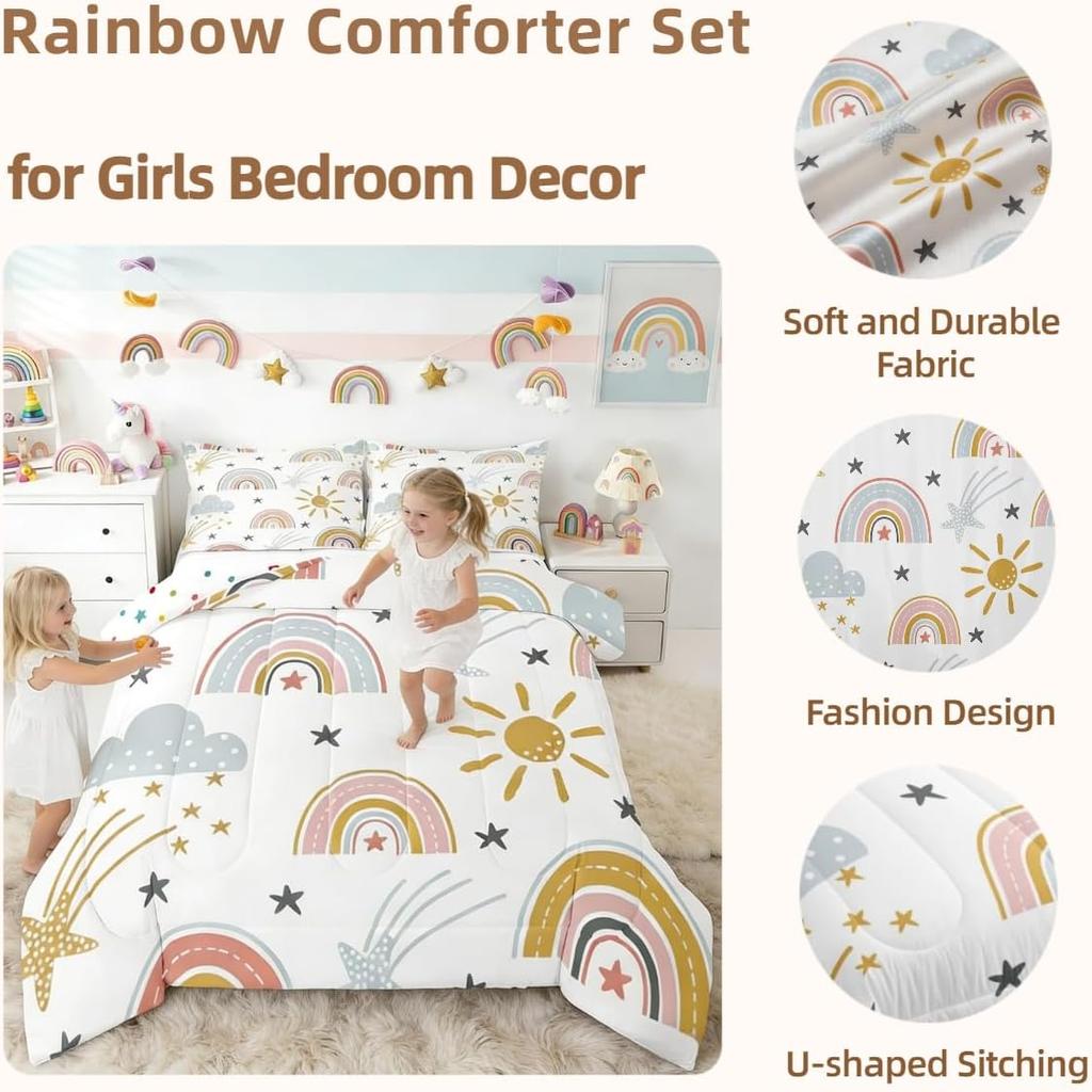 Erosebridal Girls Rainbow Bedding Set, Sun and Stars Comforter Set Twin for Kids Boys Children Cartoon Cloud Bedding Comforters Girly Soft M