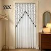 Embroidered Gauze Room Divider Sheer Floral Door Curtain with Beads, Lace Translucent Privacy Panel Divider, Rod Pocket Doorway for Bedroom