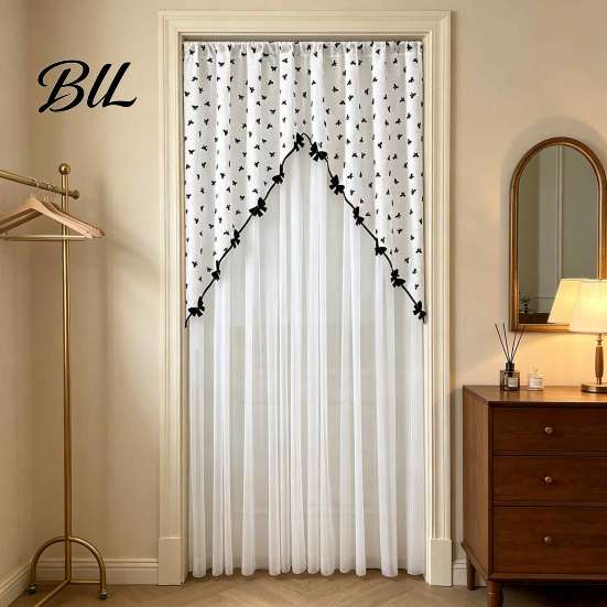 Embroidered Gauze Room Divider Sheer Floral Door Curtain with Beads, Lace Translucent Privacy Panel Divider, Rod Pocket Doorway for Bedroom