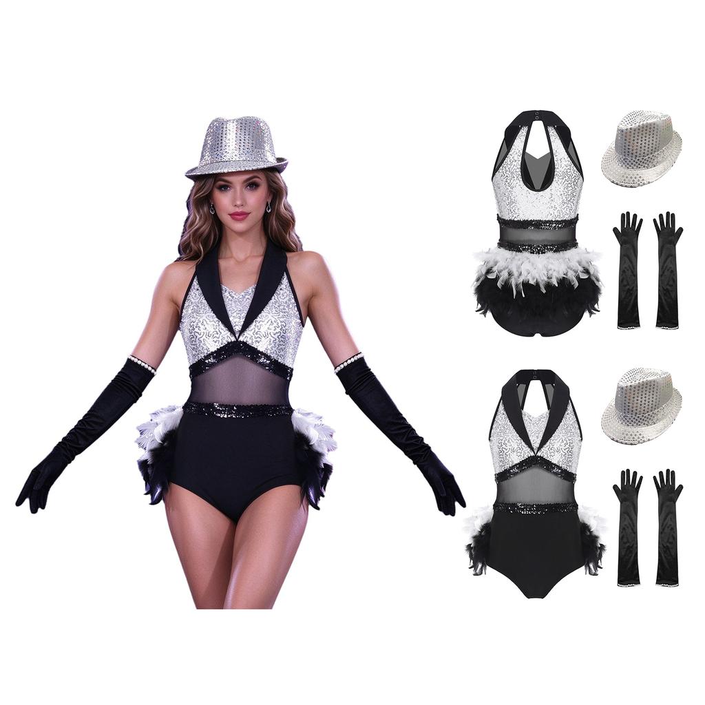 Women Sleeveless Jazz Dance Leotard Glitter Sequin Bodice Feather Trim with Satin Gloves and Hat for Stage Competition Dancewear