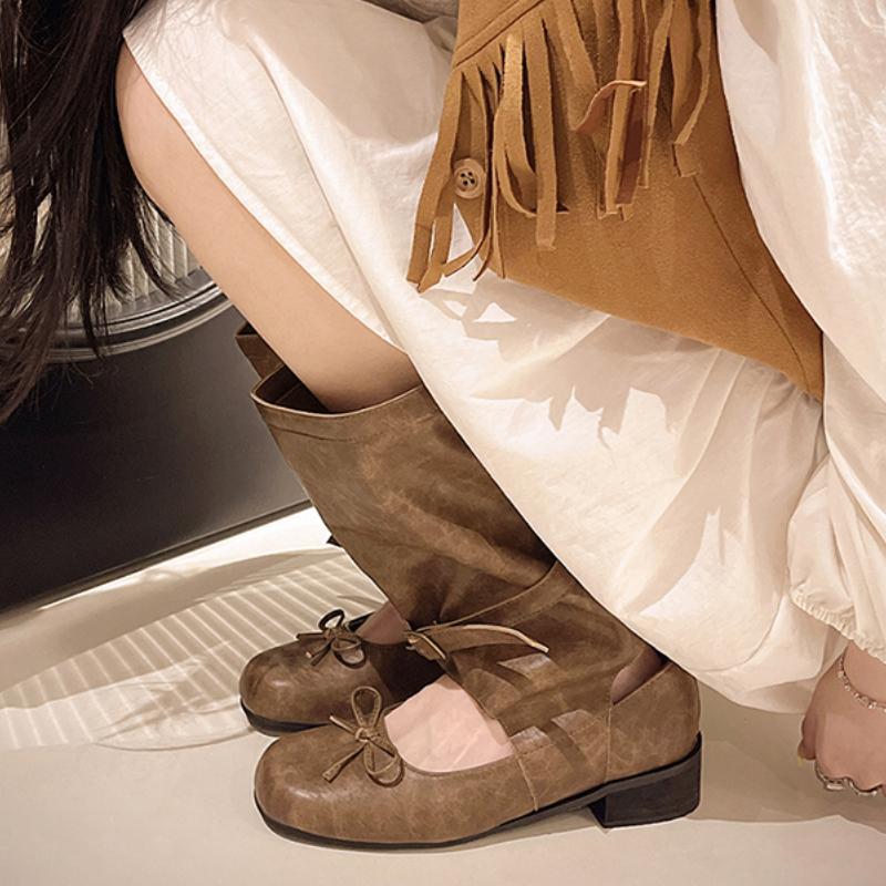 Retro Hollow Out Cool Shoes 2024 Womens Ballet Boots New Designer Bow Casual Boots Fashion Womens Low-heel Western Cowboy Boots