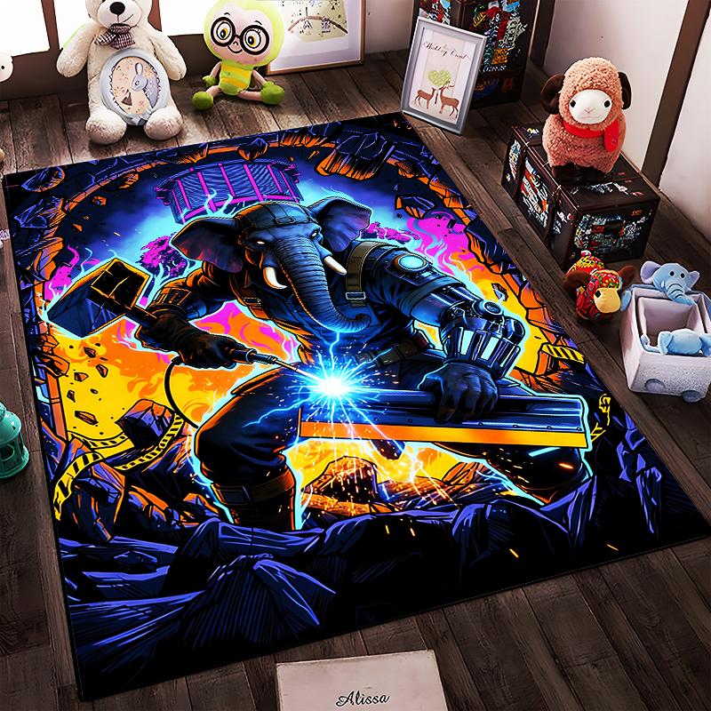 "Elephant Soldier with Weapon Design, Sci-Fi Art Carpet Decor, 3D Style" Suitable for use as an anti-slip for living room bedroom sofas