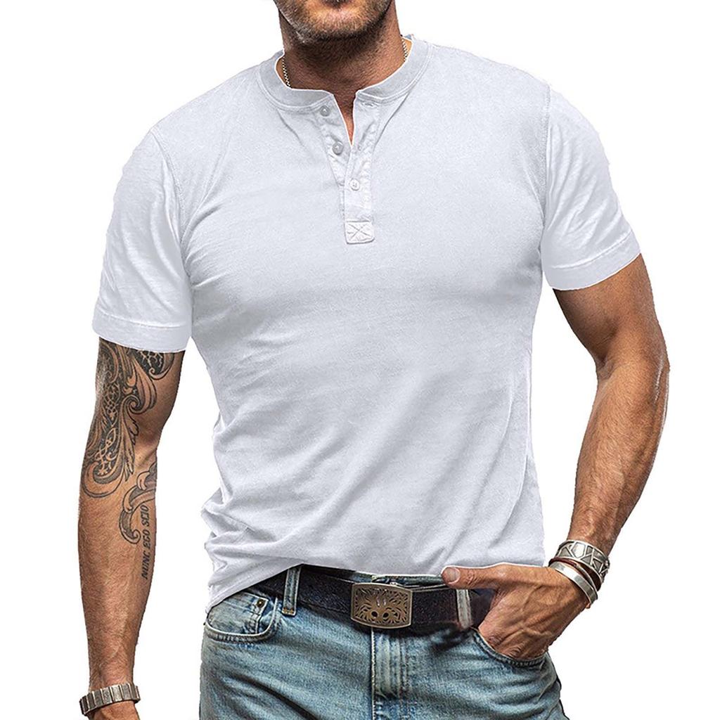 Summer European And American Men's Short Sleeved Men's Collarless T-shirt Solid Color Top