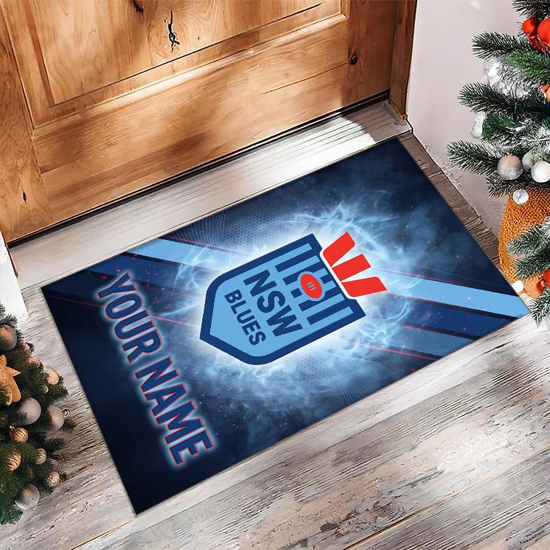 NSW Blues logo Crystal Velvet Rug, Custom Name Text Personalized Non‑Slip Floor Mat for Home Decor Gift