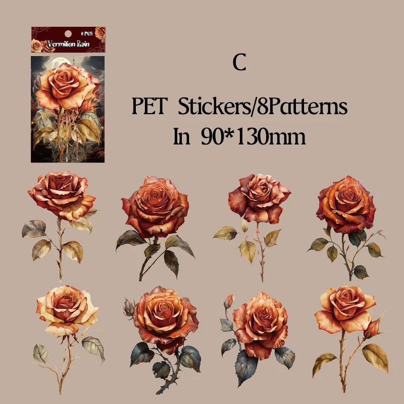8patterns/pack PET Big Size Rose Stickers Collage Materials DIY Scrapbooking Supplies Aesthetics Sticker Stationery