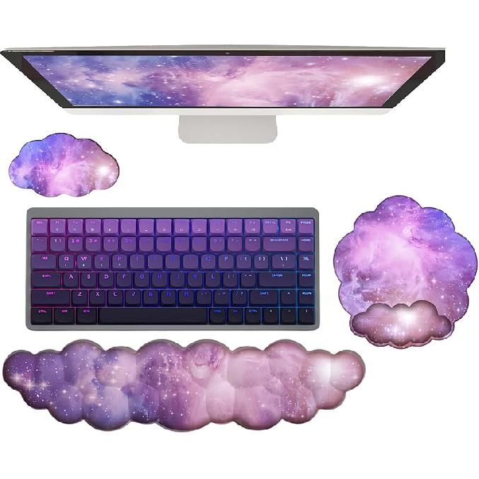 Cloud Keyboard Wrist Rest Purple Mouse Pad with Wrist Rest for Computer Keyboard and Mouse Pad Set Memory Foam PU Base Cute Ergonomic Wrist Pad
