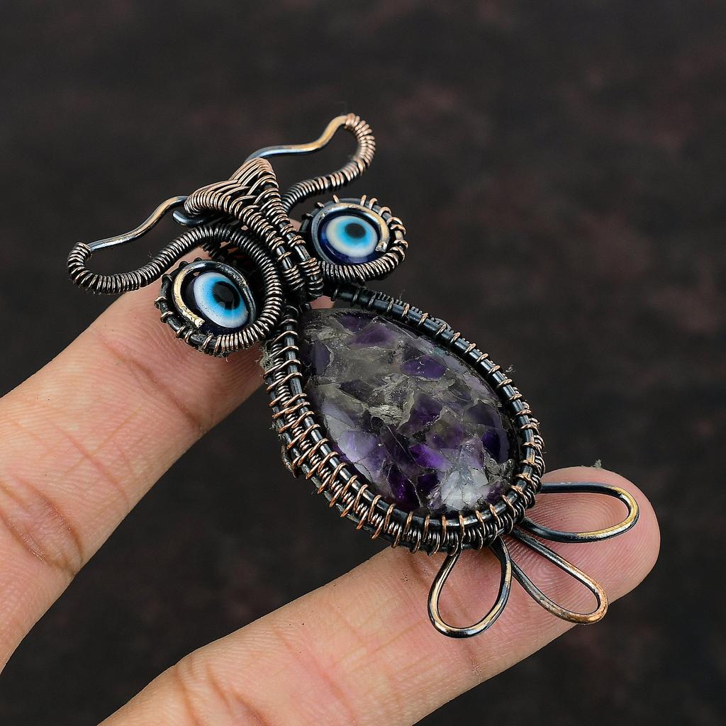 Африканский аметист, медный кулон, медная проволока, обернутая драгоценными камнями, ювелирные изделия, кулон из проволоки ручной работы, синий цвет, кулон от сглаза, кулон с совой для подарка