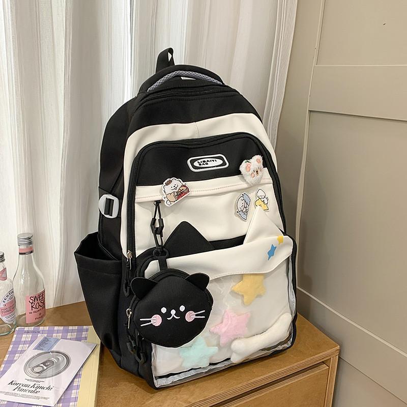 Color Fashion Blocked Cat Ear Design Student Backpack With Pendant And Badge