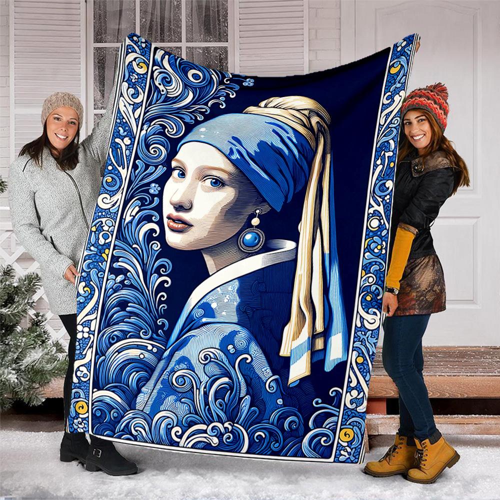 1pc Blue Earring Outdoor Flannel Throw Blanket Soft, Cozy, Warm All Season, Machine Washable,