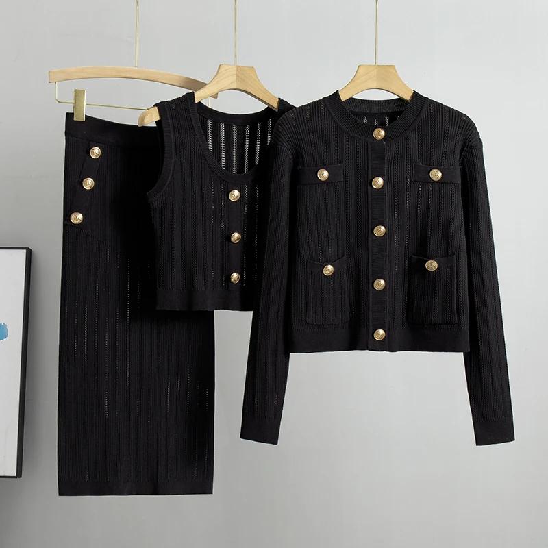 Spring Hollow Knitted Suits Elegant 3 Piece Dress Set Women Outwear Korea Fashion Sweater Dress Female