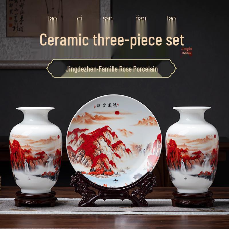 Good Fortune Jingdezhen Ceramic Vase Set: 3-Piece Décor for Living Room, Curio Shelf, or TV Cabinet
