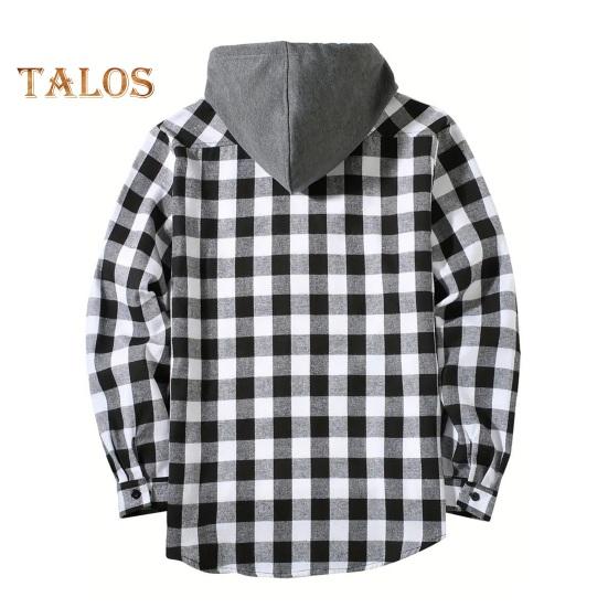 Fall Spring Men Shirt Hooded Drawstring Long Sleeves Color Matching Plaid Print Single-breasted Daily Wear School Home Shirt Coat
