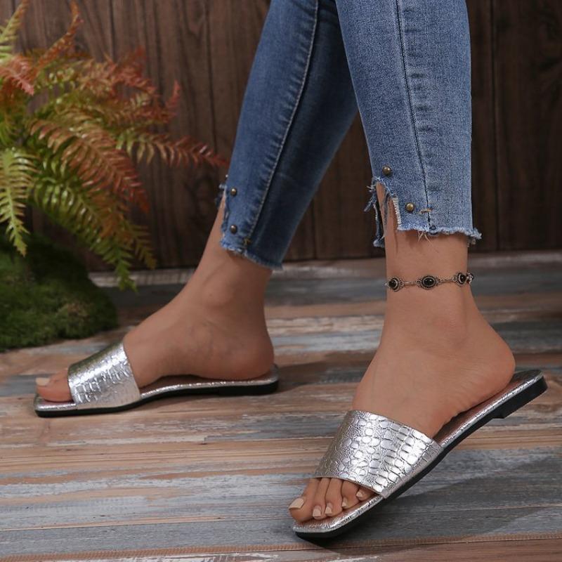 Летние женские туфли большого размера на плоской подошве с принтом змеи One Word Beach Sandals Slippers