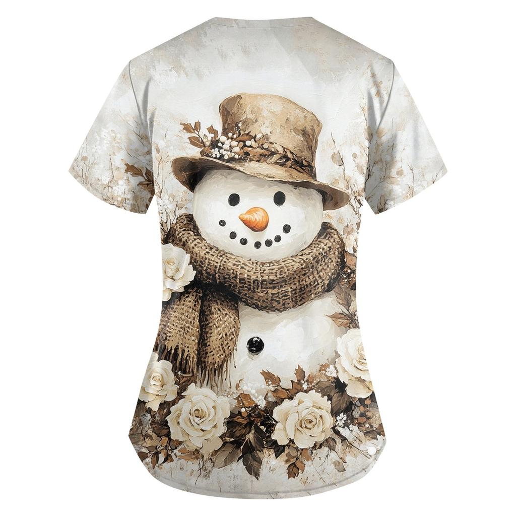 Женская симпатичная рабочая одежда с принтом, V-образным вырезом, двухслойными карманами, базовым коротким рукавом, пуловером на Рождество