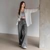 Womens High-Waist Wide-Leg Distressed Grey Denim Jeans Loose Fit Streetwear Trousers Fall Winter