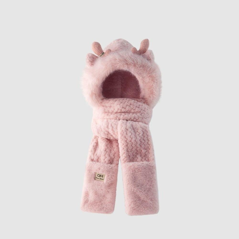 Ear Protection Bear Deer Ears Hat Soft Plush Integrated Cap Scarf Cartoon Winter Hat  Women