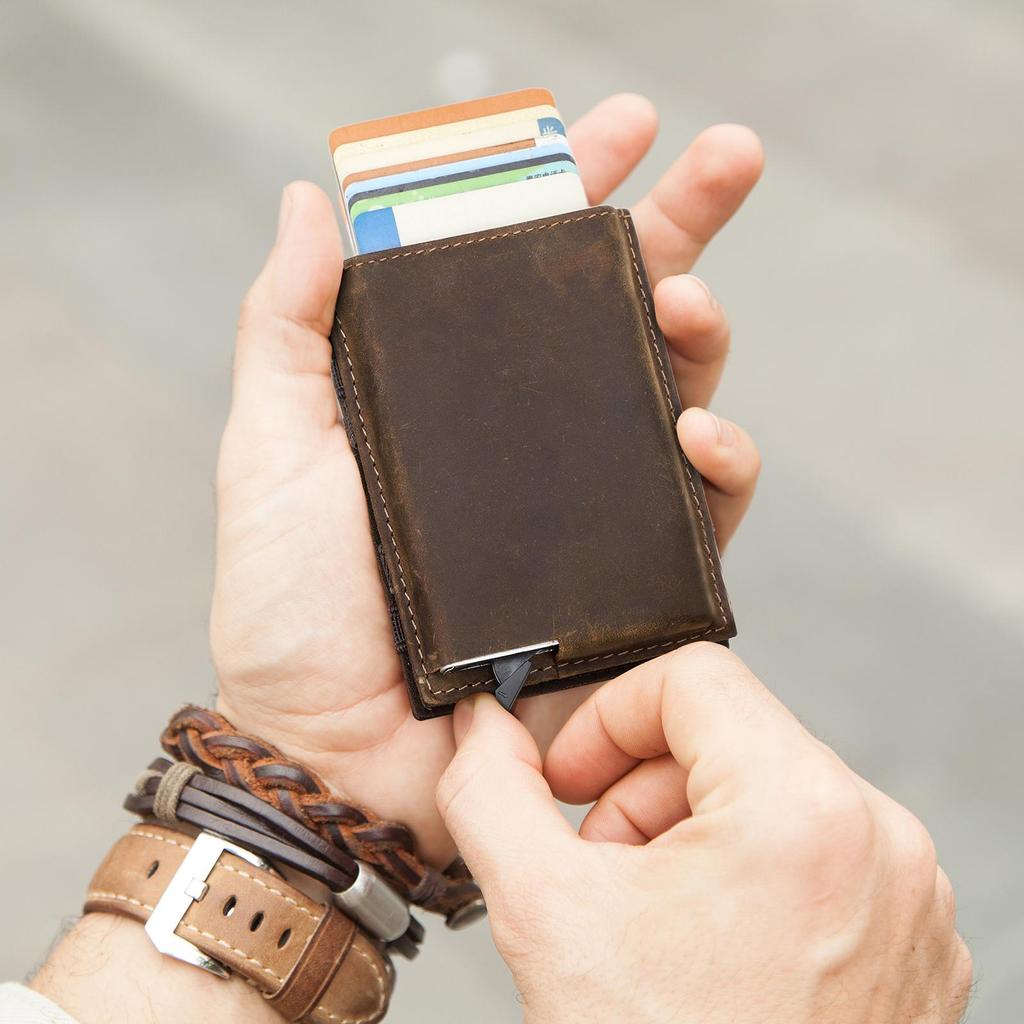 CONTACT'S Genuine Leather Card Holder for Men Aluminum Alloy Wallets with Airtag Slot RFID Blocking Anti-theft Card Wallet Magic Wallet