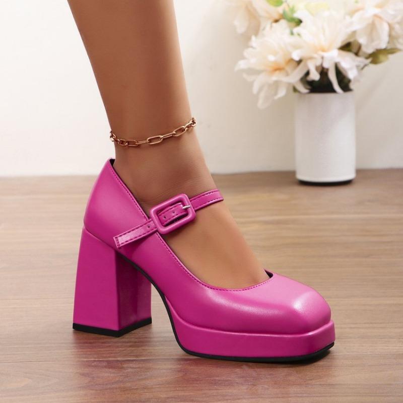 Осень Новые Туфли на Толстом Каблуке Женские С Квадратным Носком С Мелким Вырезом С Пряжкой На Одном Слове Толстая Подошва Низкие Туфли