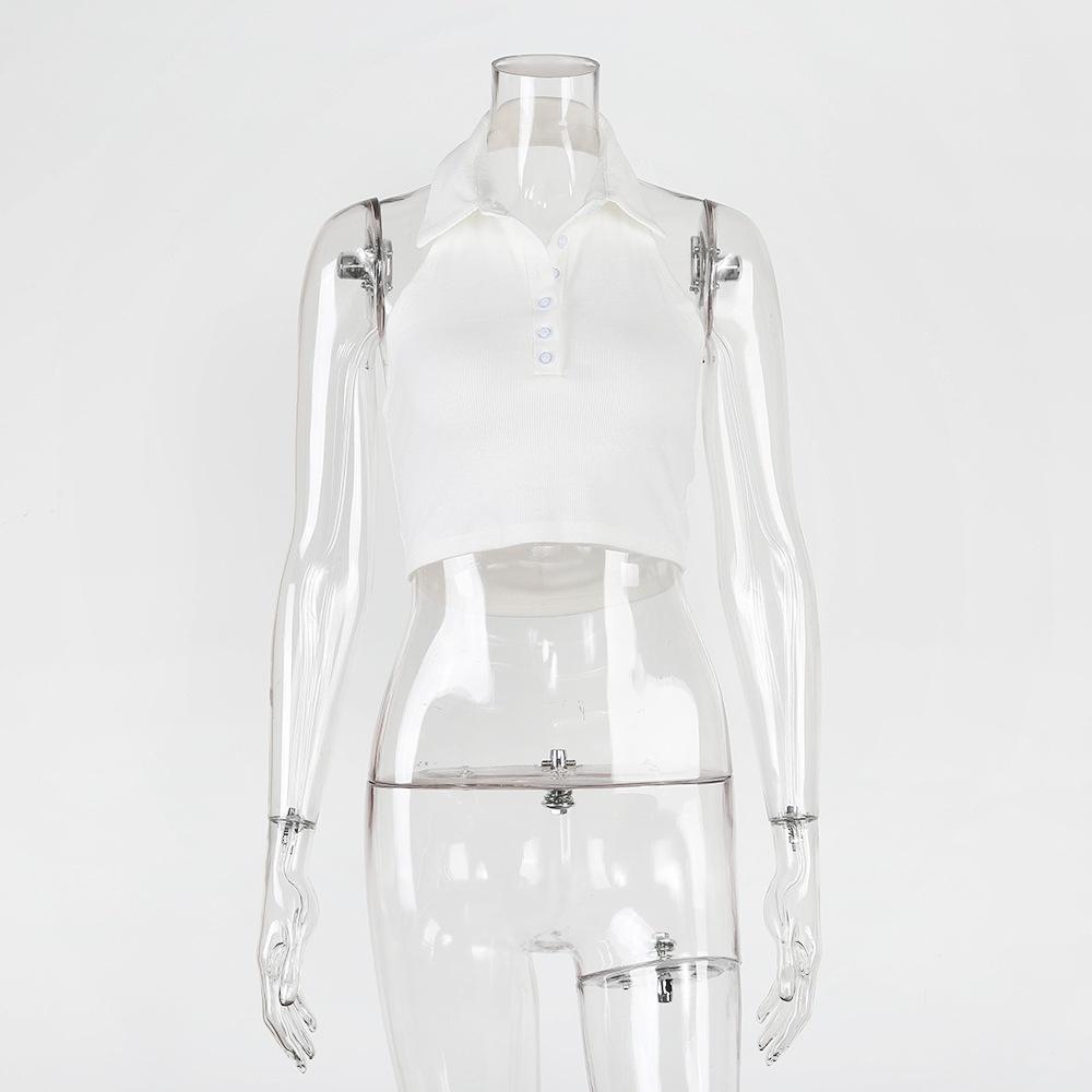 Сексуальный топ-кроп без рукавов с глубоким V-образным вырезом на пуговицах, летний белый, с открытой спиной, женская майка-халтер, клубная уличная одежда, повседневные топы