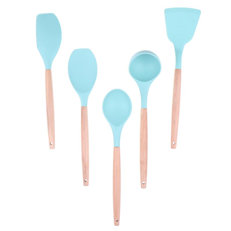 Силиконовый набор кухонных принадлежностей для приготовления пищи с бамбуковыми деревянными ручками