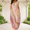 Women Plus Size Round Neck Short Sleeve Pink Purple Gold Printed Loose Long Dress With Side Pockets