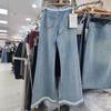 Женские джинсы большого размера с высокой талией, кружевной отделкой, пэчворком и широкими штанинами