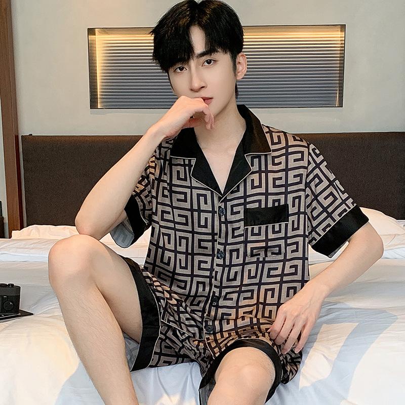 Мужской пижамный костюм весна-осень ледяной шелковый кардиган с длинными рукавами атласная пижама для мужчин домашняя одежда лето