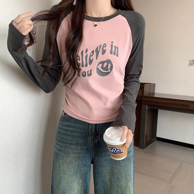 Футболка женская с короткими рукавами и круглым вырезом, с рукавами реглан, с принтом букв, с плиссировкой на талии, с короткими рукавами, верхняя часть рубашки на осень